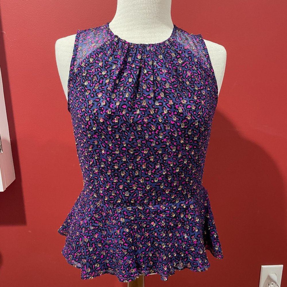 Alice & Trixie Sleeveless Scoop Neck Peplum Top/Zip Back/Gold Button at Neck